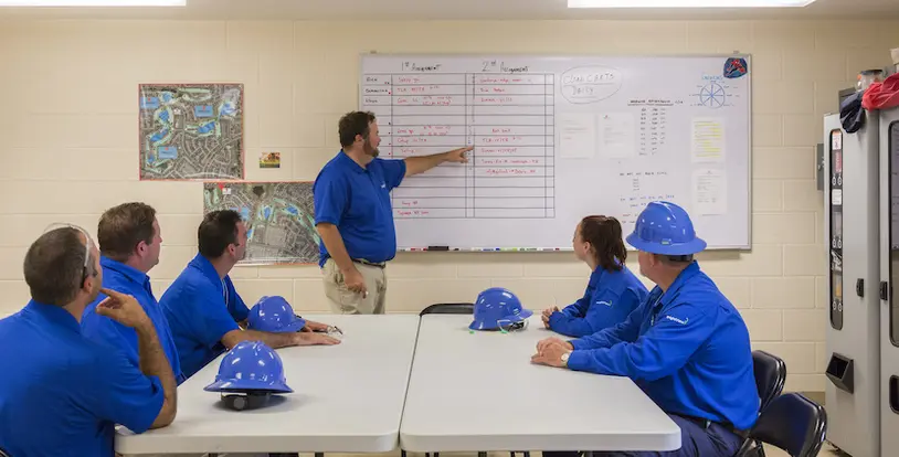 golf course maintenance crew members in a staff meeting